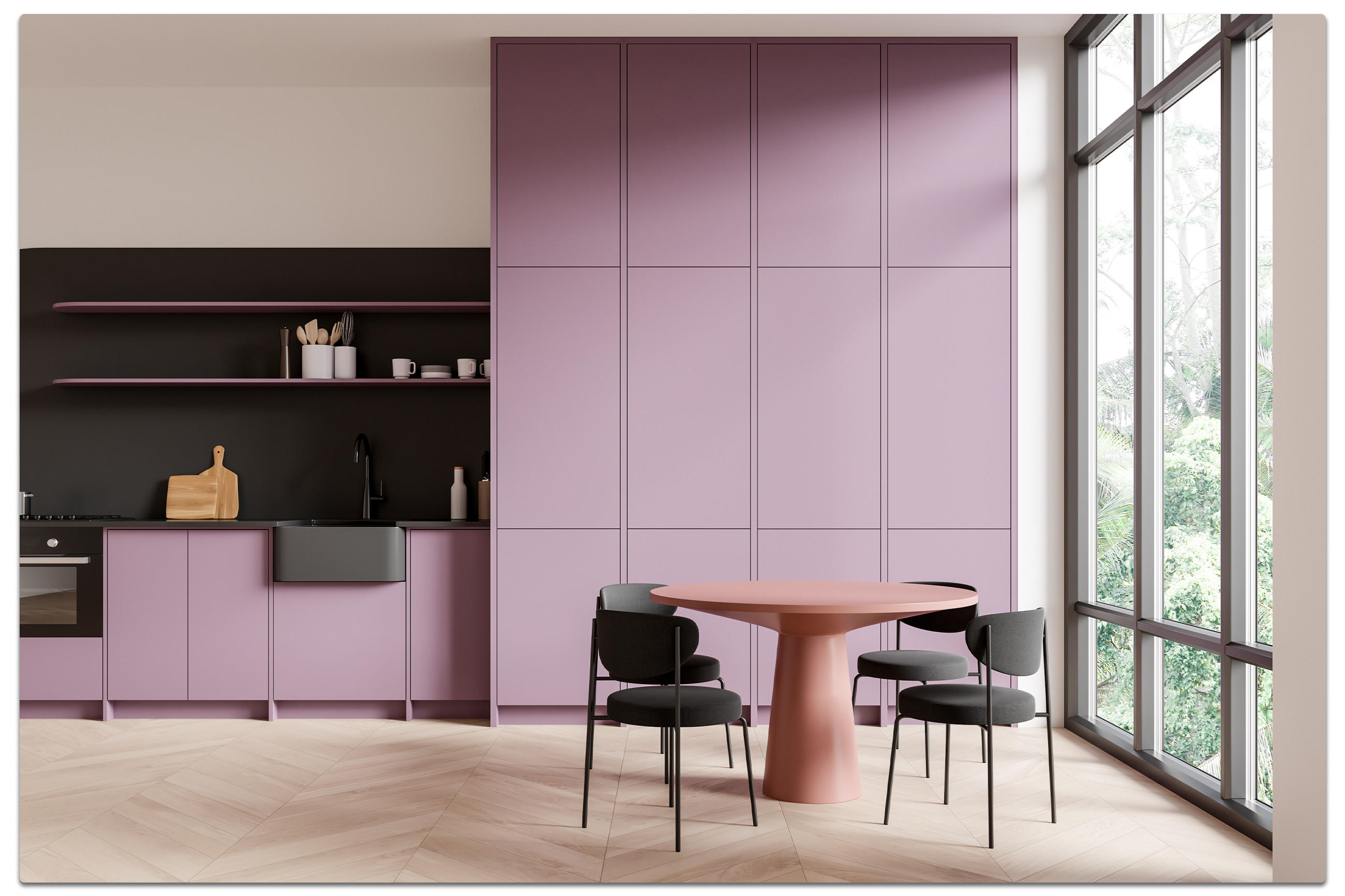 Moderne Küche mit lila Schränken und passendem Esstisch, minimalistischer Einrichtung, eingebauten Geräten und hellem Holzfußboden im Fischgrätmuster – stilvolles Design mit viel Tageslicht.