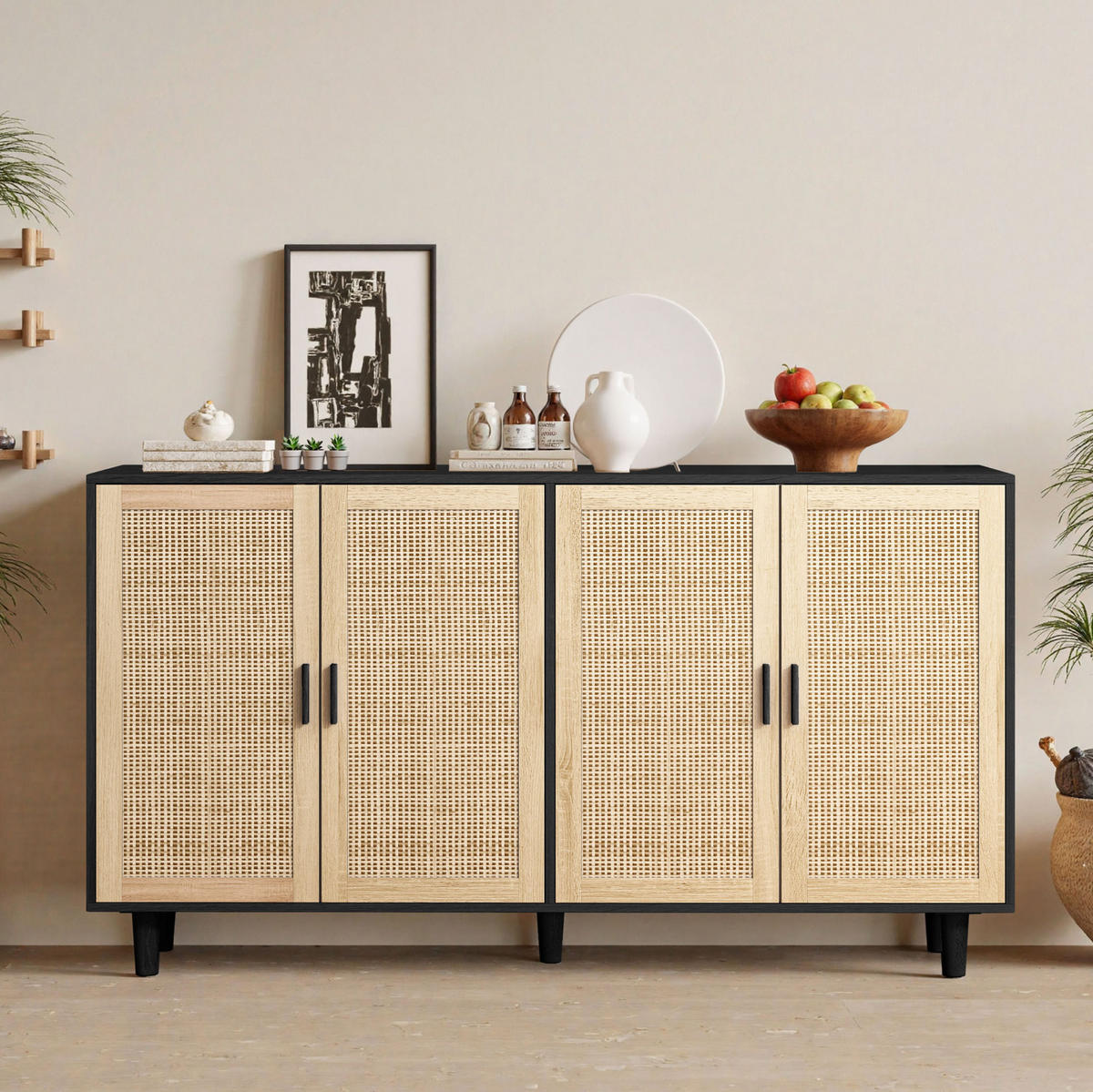 SIDEBOARD aus Spanplatte 158x40x88 cm Schwarz mit 4 Rattantüren und verstellbarem Einlegeboden - Schwarz, Holzwerkstoff (158/88/40cm) - IVMEU