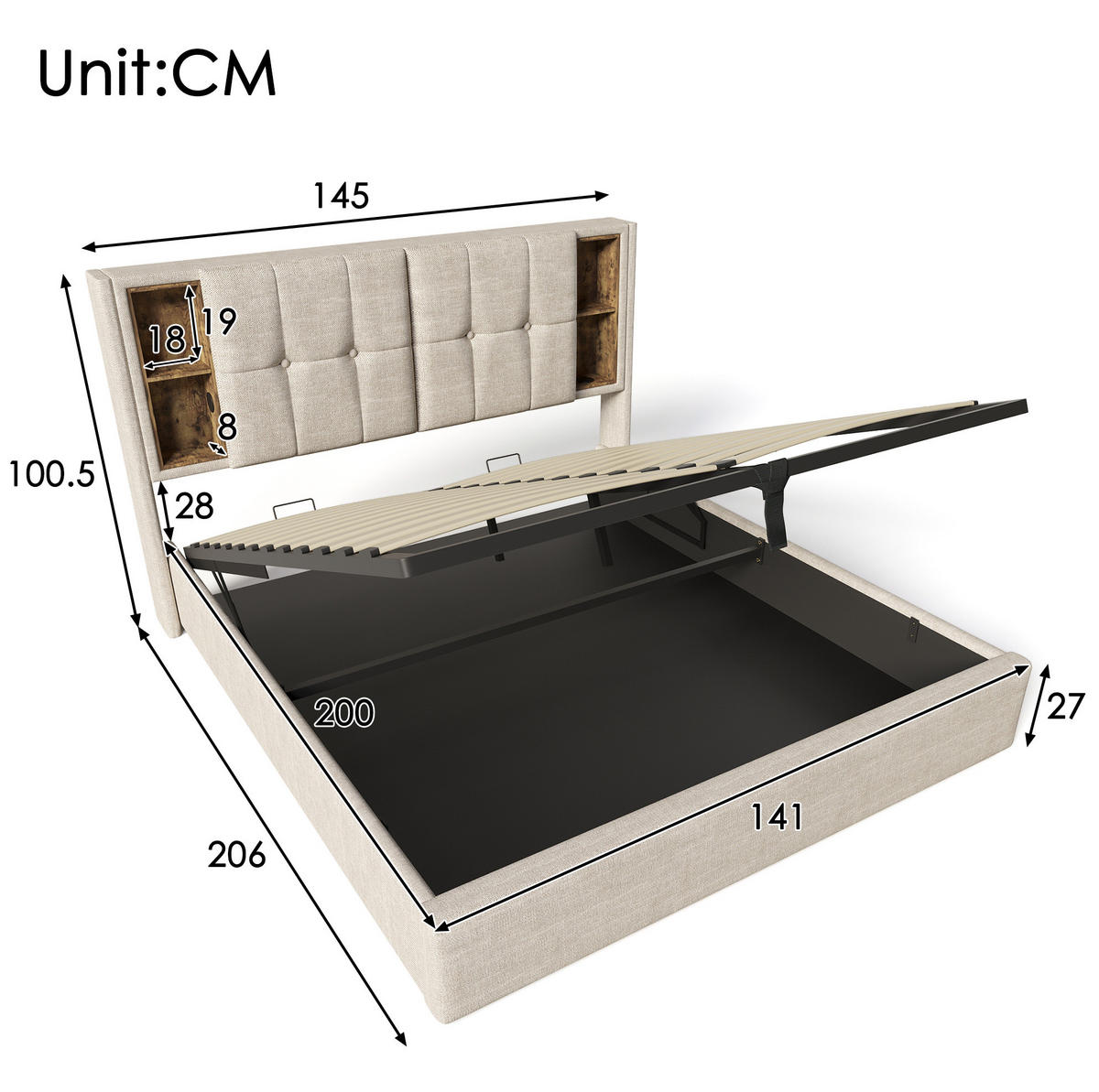 POLSTERBETT 140/200 cm in Natur mit Stauraum und USB- und Type-C-Anschlüssen - Naturfarben, Textil (140/200cm) - Flora Grace