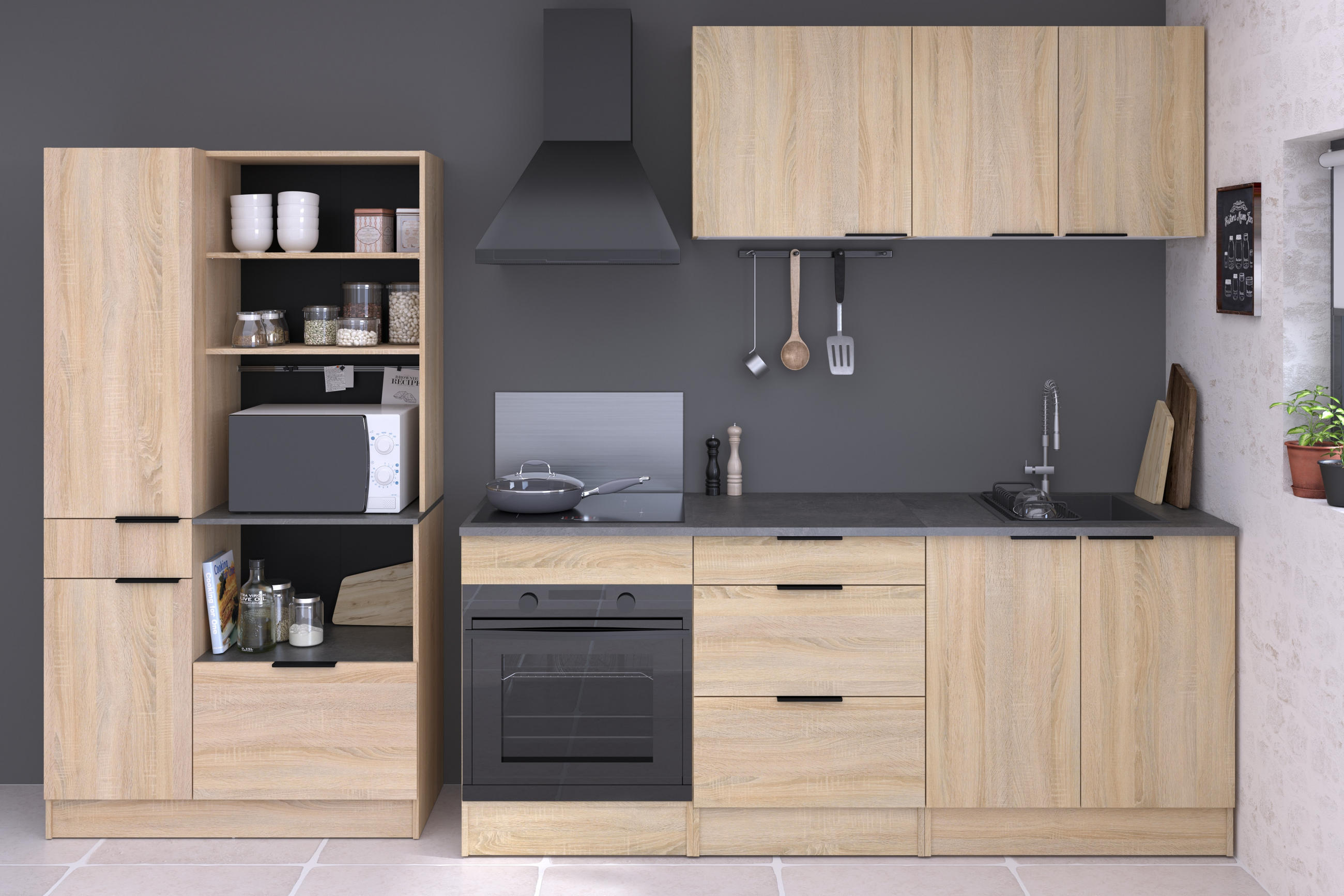 KÜCHENZEILE Fumay 21 in Eiche und Beton Optik 6 teilig Küchenbuffet mit 2 Hängeschränken und 3 Unterschränken - Braun, Holzwerkstoff (80/200/120cm)