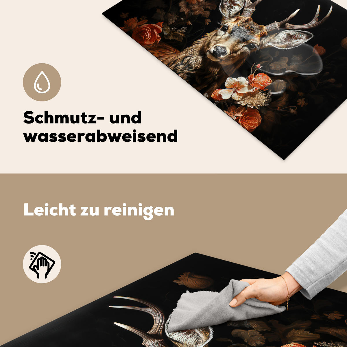 HERDABDECKPLATTE Hirsch - Tier - Blumen - Natur - Botanisch 77x51 cm - Kupferfarben, Kunststoff (77/51/0.2cm) - MuchoWow