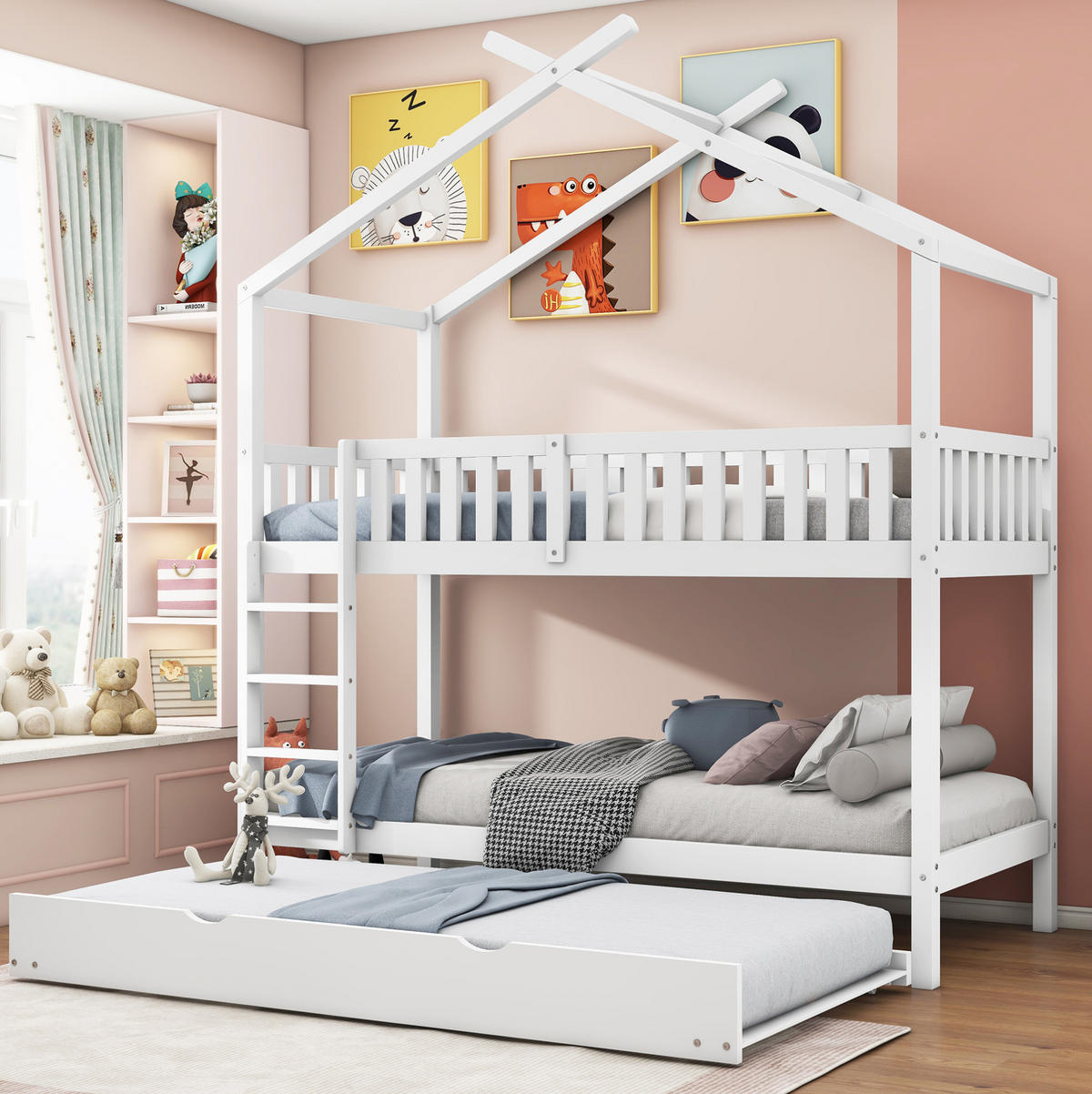 KINDERBETT 90/200 cm mit Ausziehbett, in 3 Einzelbetten teilbar aus massivem Kiefern, Weiß - Weiß, Holzwerkstoff (90/200cm) - Redom