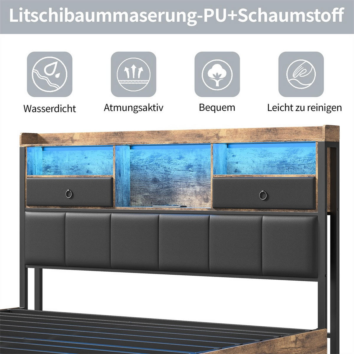 METALLBETT 140 x 200 cm mit 6 Schubladen - Kopfteil-Ablage mit LED-Beleuchtung und Steckdosen & USB-Anschlüsse - Braun, Metall (140/200cm) - DELFA