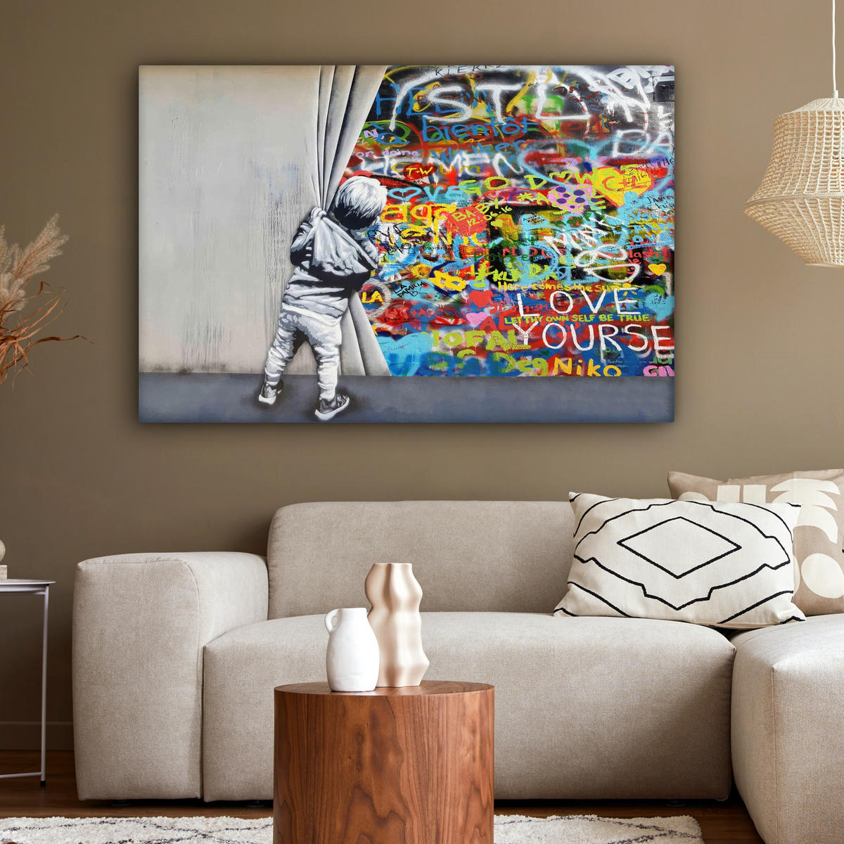 LEINWANDBILD Graffiti - Junge - Ilussie - Straßenkunst Wohnzimmer 120x80 cm - Hellgrau, Textil (120/80cm) - MuchoWow