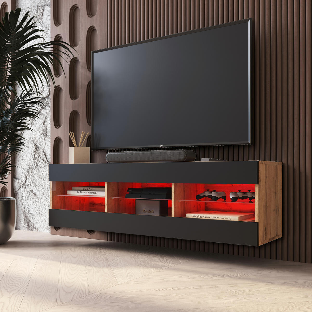 LOWBOARD TIVOLI RTV 140, Schwarz, LED Mehrfarbige - Eiche Wotan/Schwarz, Glas/Holzwerkstoff (140/40.5/35.5cm) - Komodee