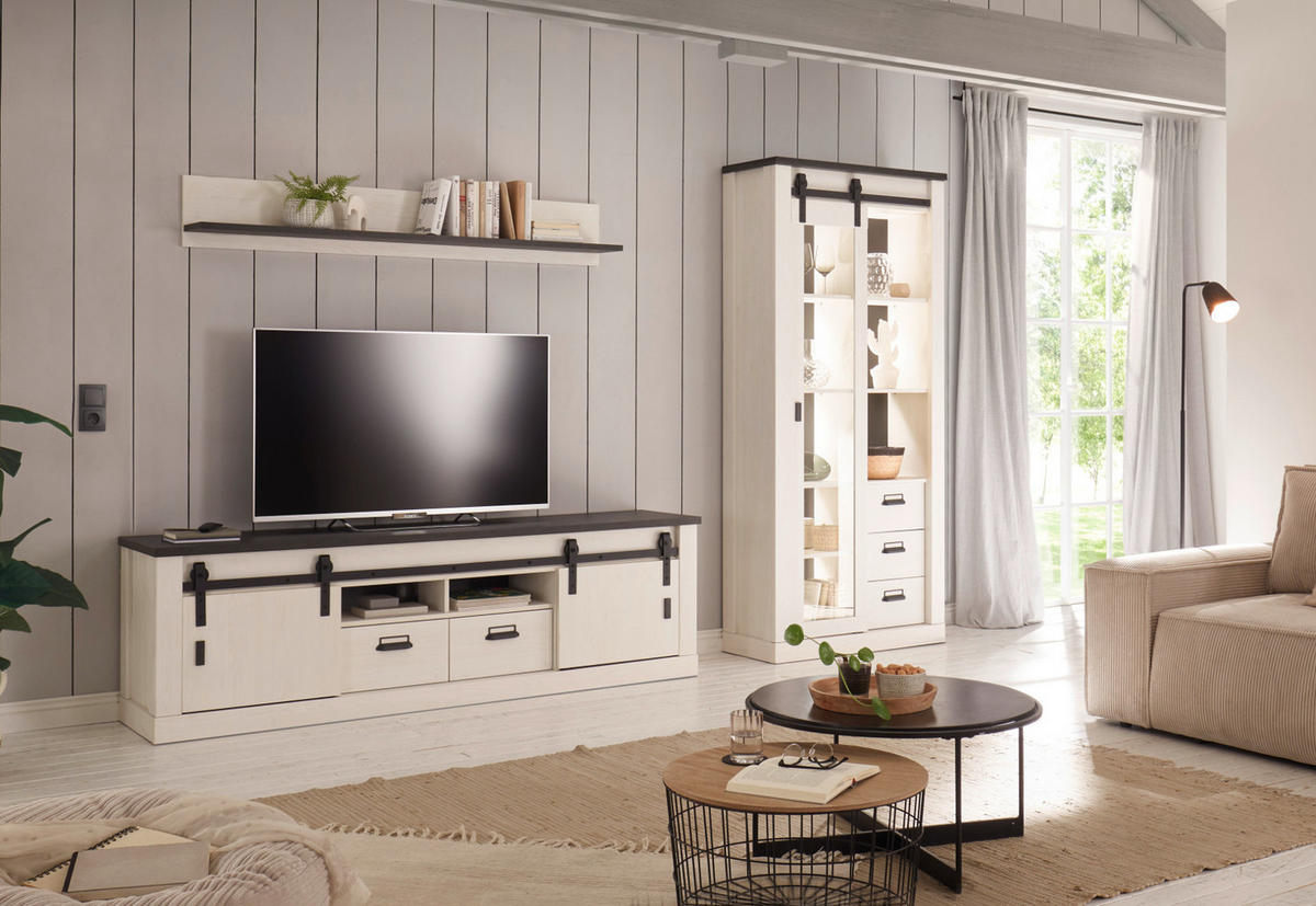 WOHNWAND weiß Pinie, anthrazit Landhaus, Wohnkombination 3-teilig 314 cm - Anthrazit/Weiß, Holzwerkstoff/Metall (314/201/43cm) - Furn.Design