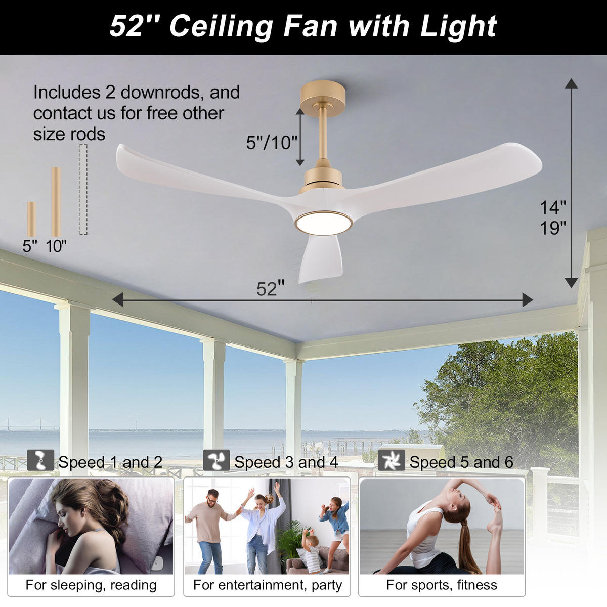 DECKENVENTILATOR DE-16247 52 Zoll mit Fernbedienung & LED Weiß/Gold - Weiß, Kunststoff (132/132/48cm) - ComfortXL