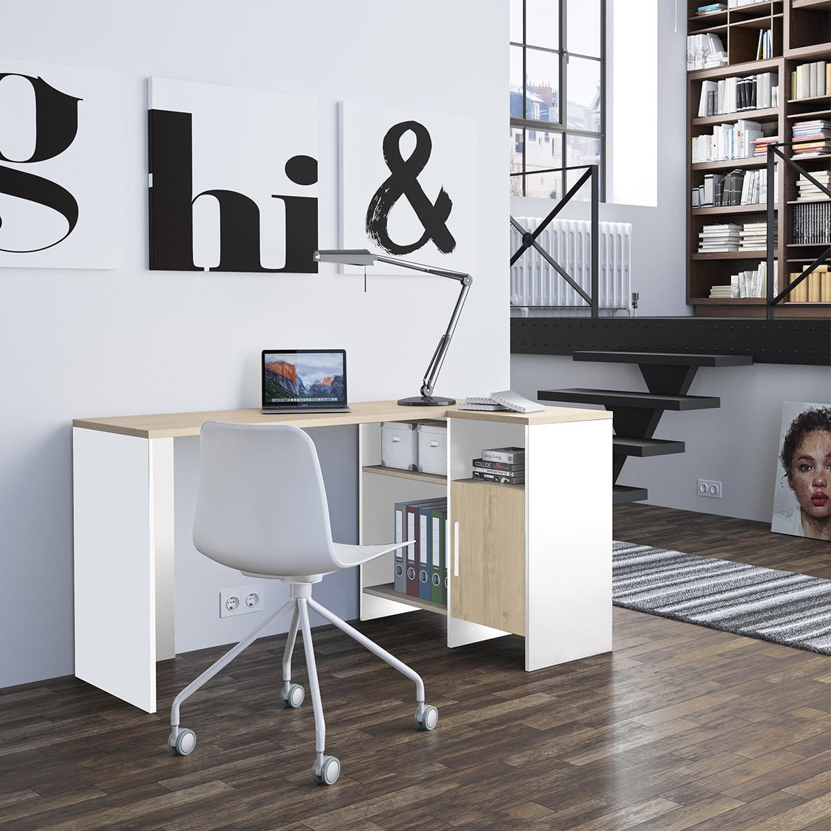 INDUSTRIAL Eckschreibtisch Liverpool - Französische Herstellung - Weiß, Holzwerkstoff (136/88/76cm) - Calicosy