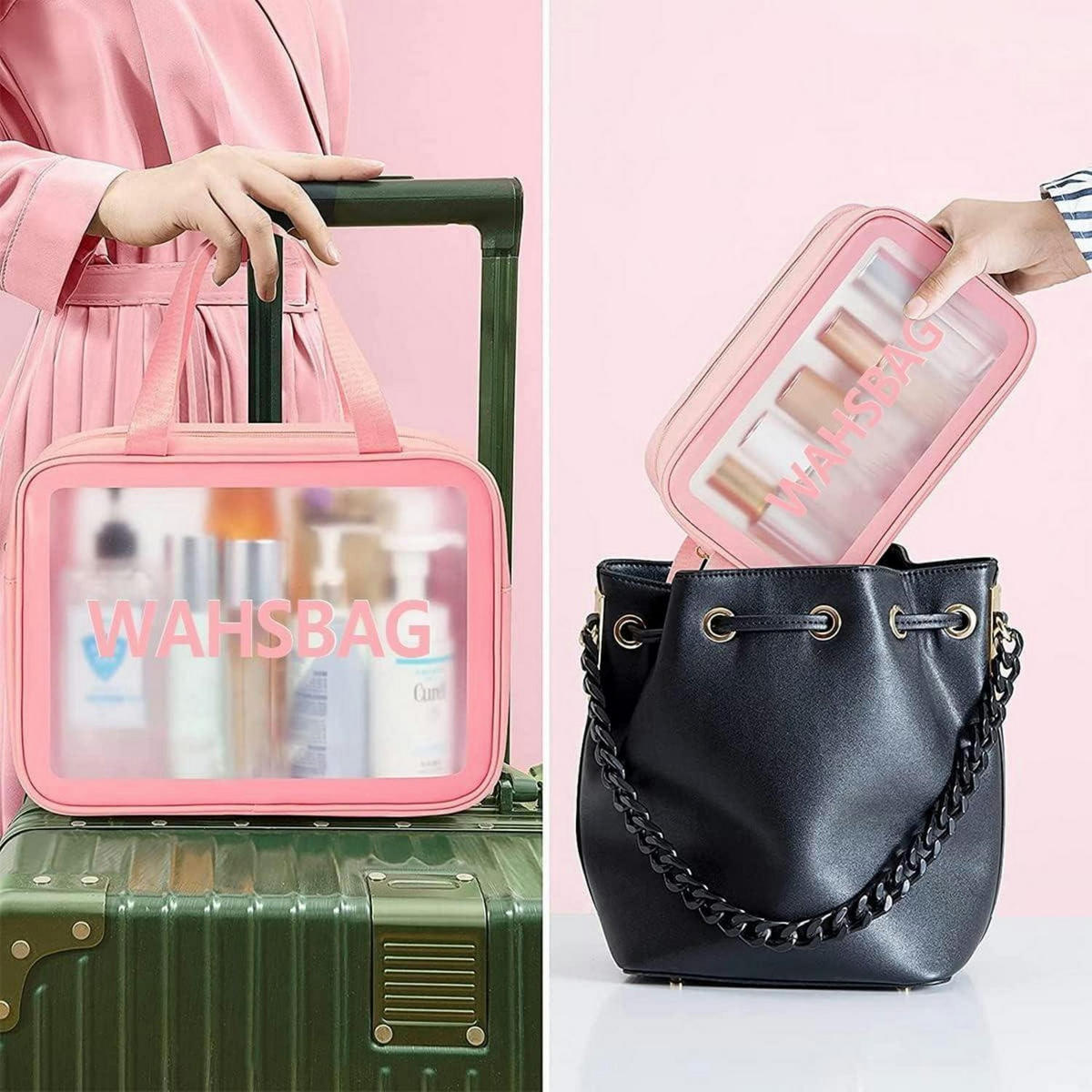 KOSMETIKTASCHE 3-teiliges Set Transparent Rosa - Rosa, Kunststoff (11/211/31cm)