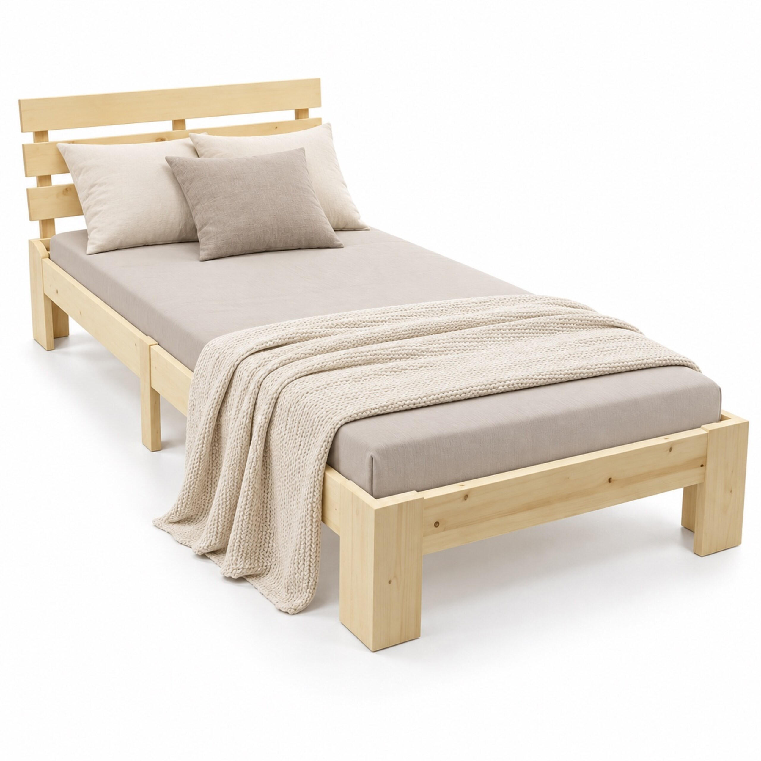POSTEL Přírodní masivní borovice s roštem 90x200 cm - světle hnědá, dřevo - Relaxdays
