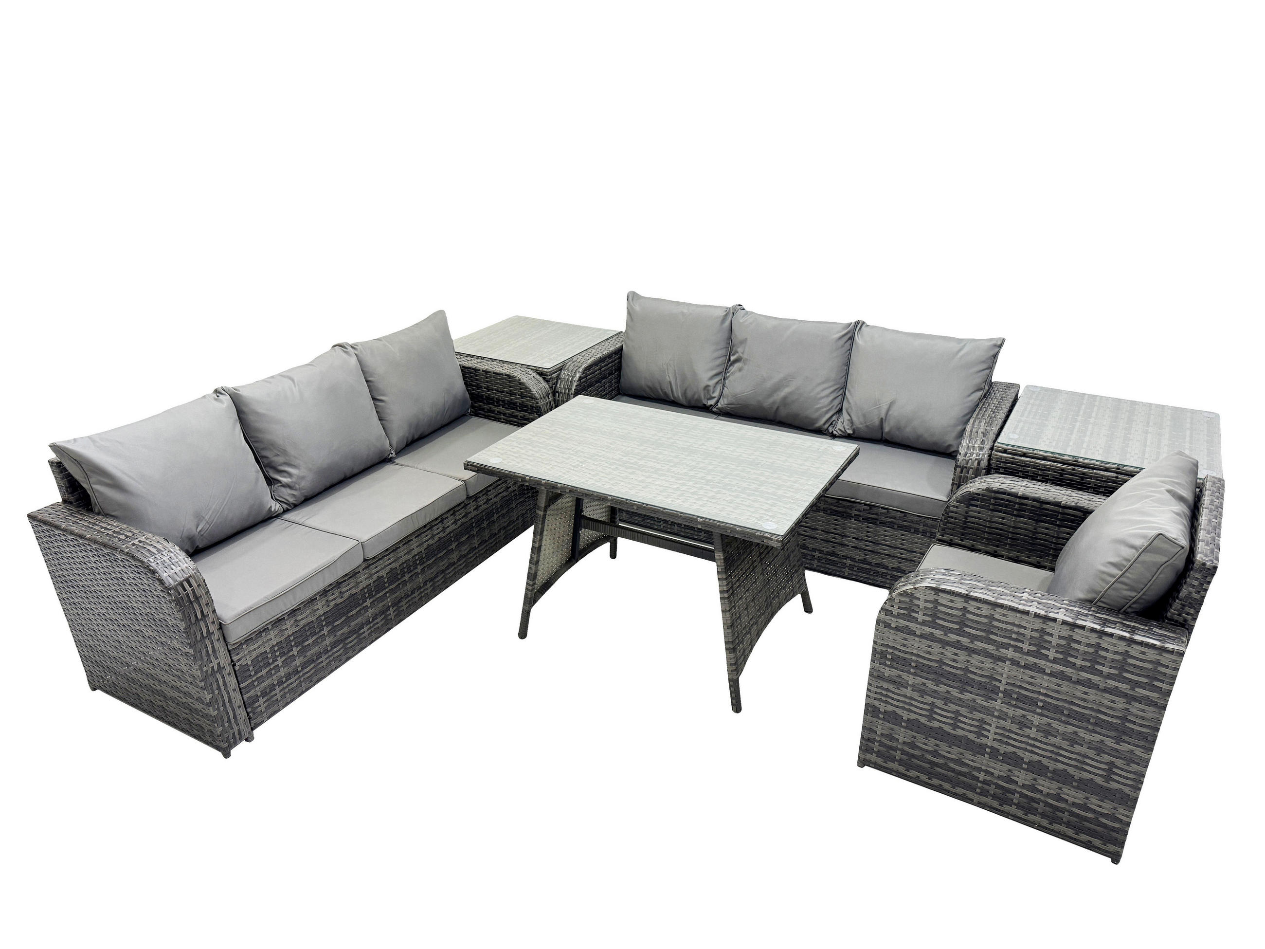 GARTENSET Hohe Rückenlehne Polyrattan 7-Sitzer - Dunkelgrau/Grau, Glas/Kunststoff - Fimous
