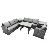 GARTENSET Hohe Rückenlehne Polyrattan 7-Sitzer - Dunkelgrau/Grau, Glas/Kunststoff - Fimous