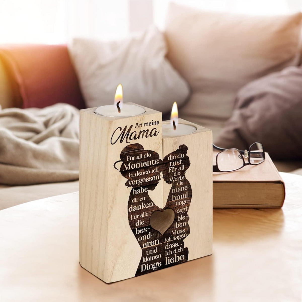 KERZENSTÄNDER Holz mit Gravur "An meine Mama" - Braun, Holz (4.5/12/9cm)