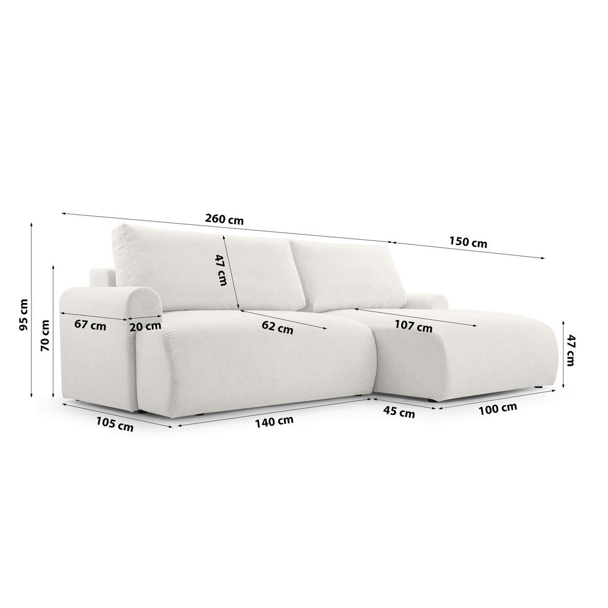 ECKSOFA mit Schlaffunktion Bordon, Weiß - Weiß, Textil (150/260cm) - Fedve