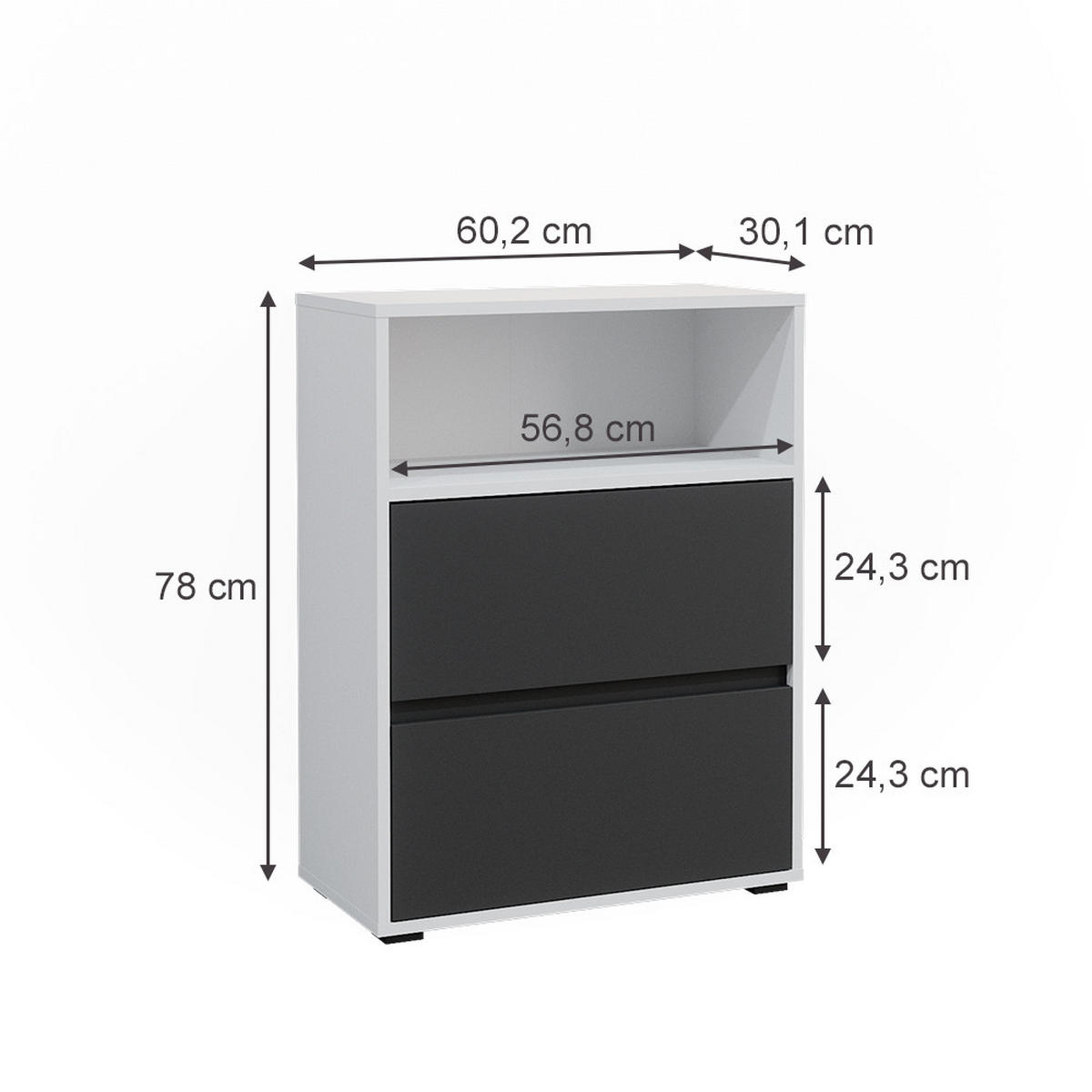 BADSCHRANK Maltin Weiß 60.2 x 78 cm mit zwei großen Schublade - Anthrazit/Weiß, Holzwerkstoff (60.2/78/30.1cm) - Vicco
