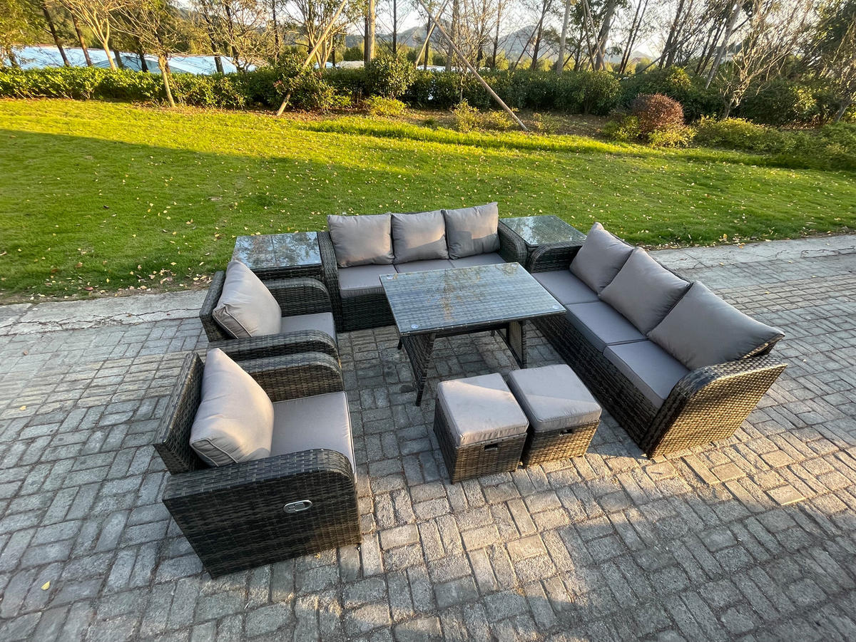 GARTENSET Hohe Rückenlehne Polyrattan 10-Sitzer - Dunkelgrau/Grau, Glas/Kunststoff - Fimous