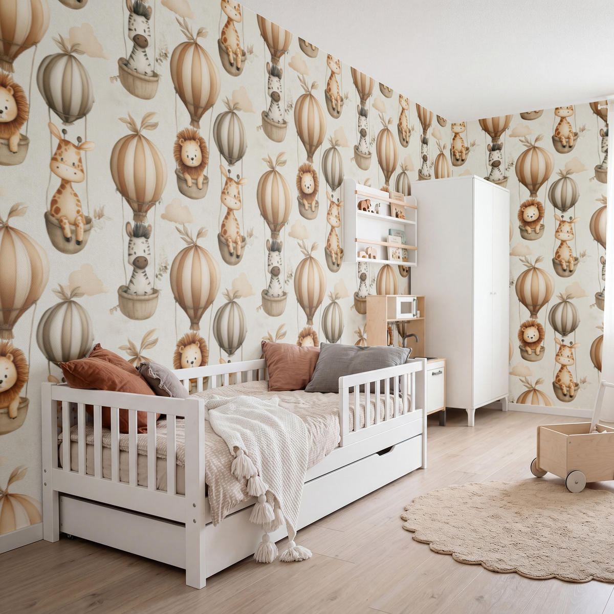 KINDERTAPETE - Safari - Heißluftballons - Taupe - 500x200 cm - Beige, Papier (500/200cm) - OnlyWow