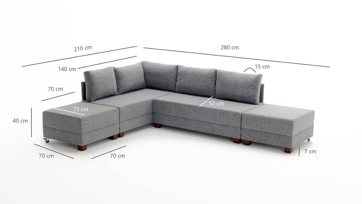 ECKSOFA mit rollbarer Schlaffunktion - Walnussfarben/Grau, Holz/Textil (280/210cm) - myHomelando