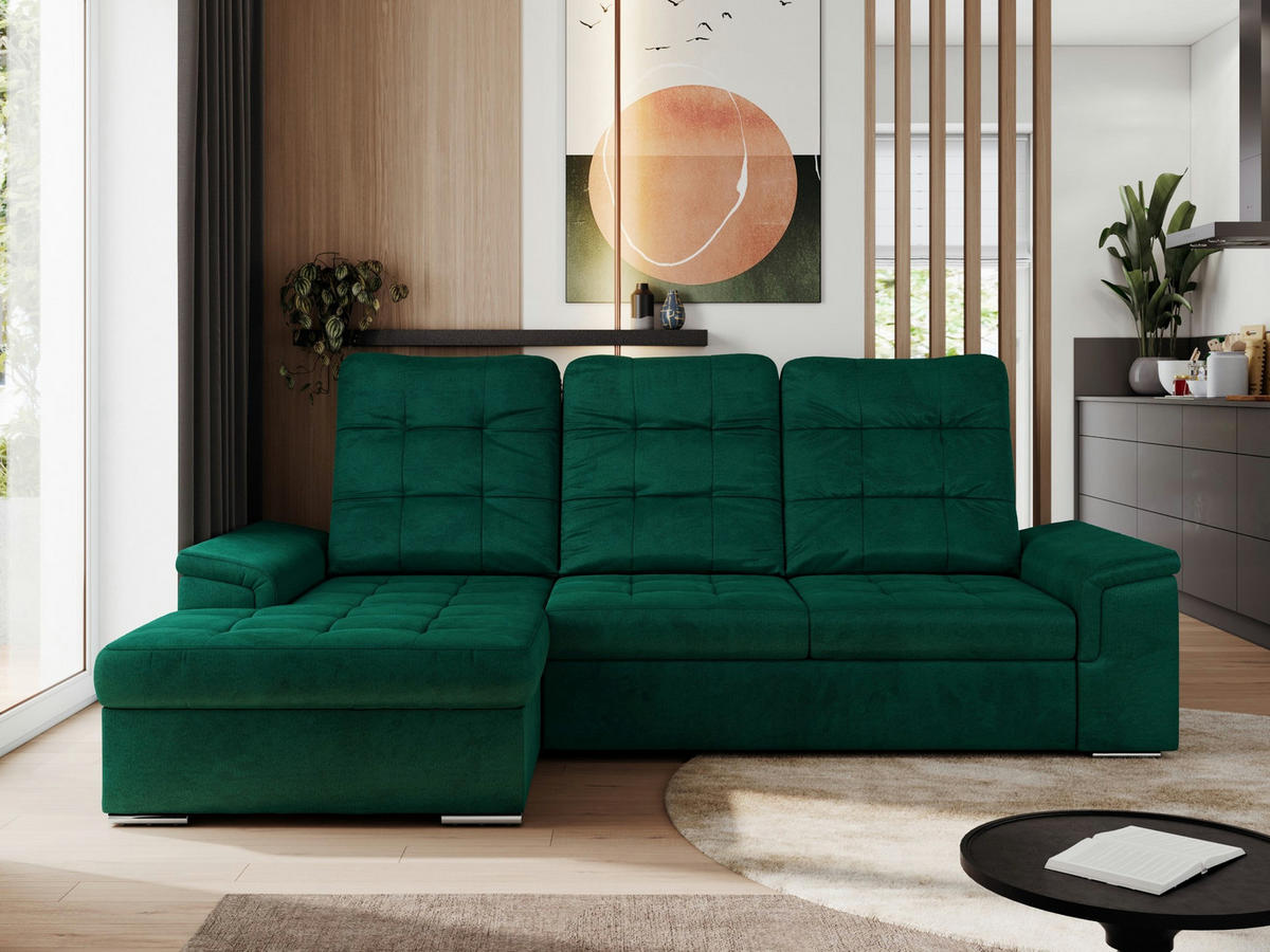 ECKSOFA MADRITO L - DunkelGrün Velorus - Links - Dunkelgrün/Silberfarben, Textil/Metall (160/256cm)