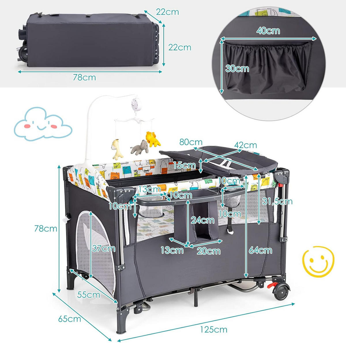 BABYBETT 5 in 1 Babyreisebett Grau - Grau, Textil - COSTWAY