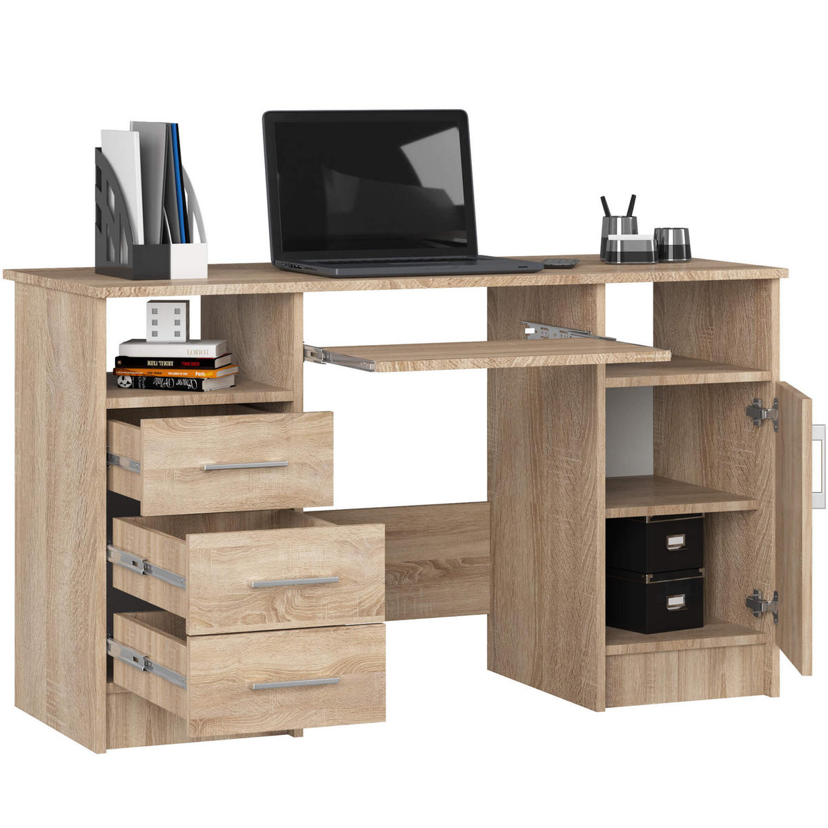 SCHREIBTISCH Sonoma-Eiche 124x52x74 cm - Silberfarben/Sonoma Eiche, Holzwerkstoff/Kunststoff (52/124/74cm) - Akord