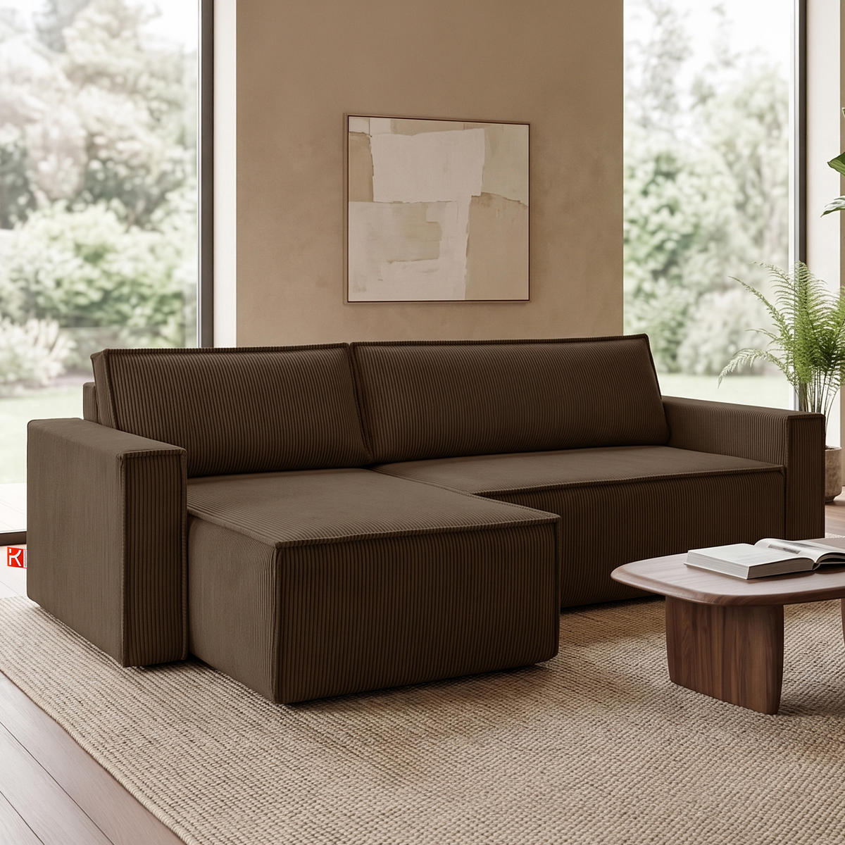 ECKSOFA-LINKS/RECHTS NAPI Schlaffunktion mit Cordbezug, dunkelbraun - Dunkelbraun/Schwarz, Textil (246/148cm) - KONSIMO®