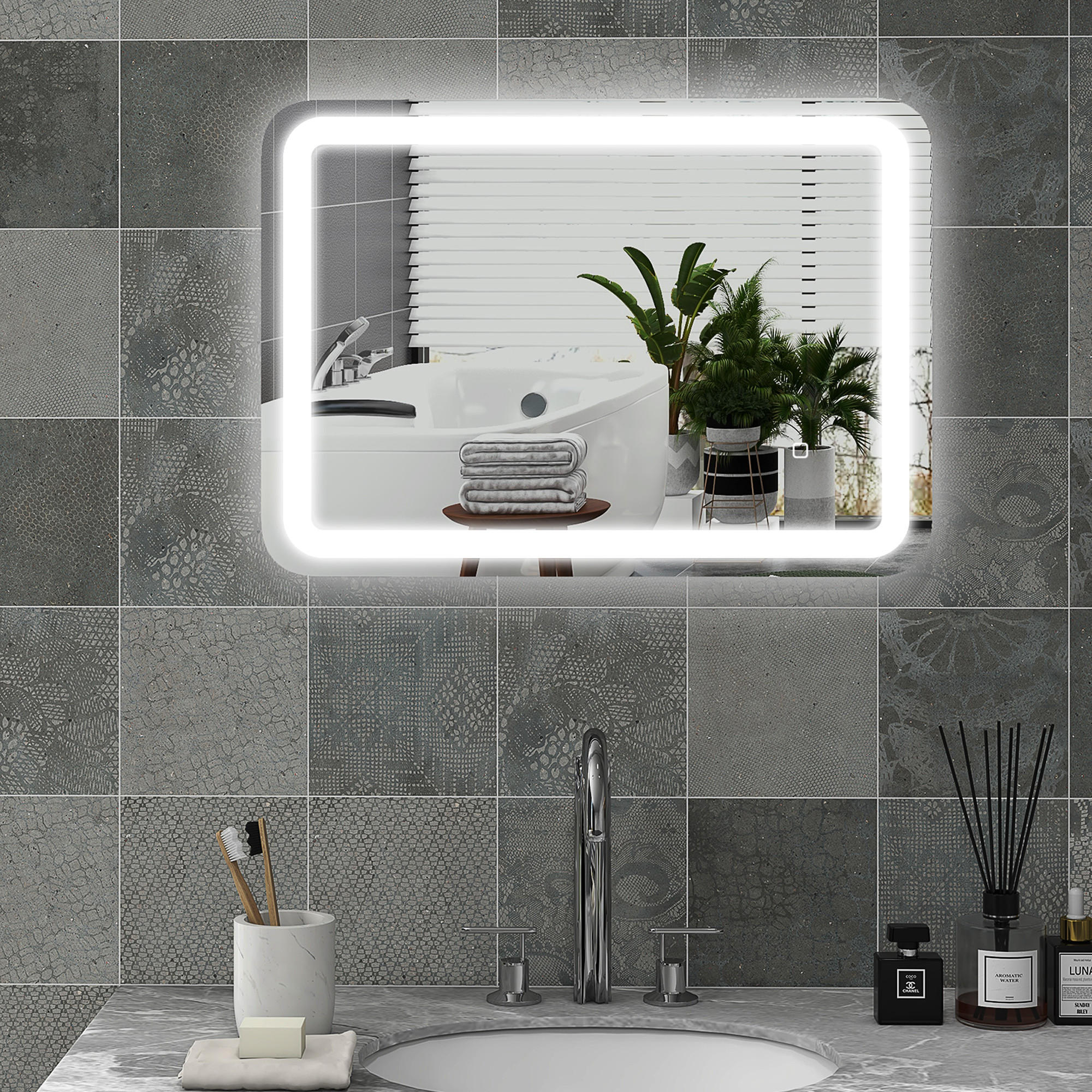 BADSPIEGEL, 50 x 70 cm LED Badezimmerspiegel mit 3 Lichtfarben, Touch-Schalter - Silberfarben, Glas (70/4/50cm) - HOMCOM