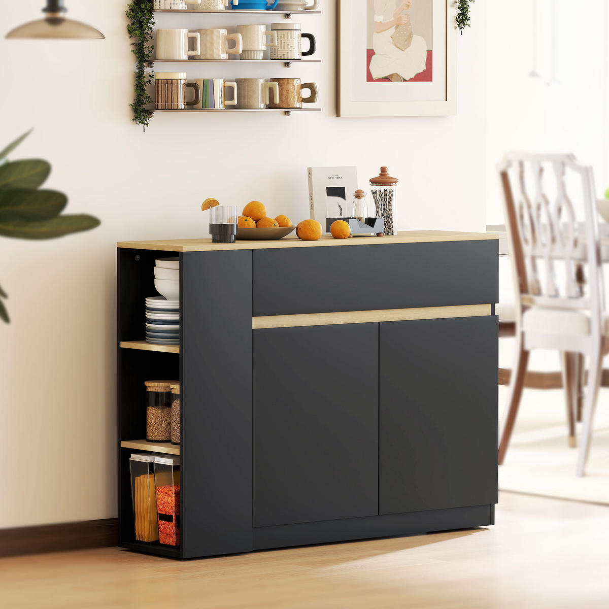 SIDEBOARD DE-11197 2 Schubladen, 3 offene Fächer Schwarz - Schwarz, Holzwerkstoff (110/82/29.5cm) - ComfortXL