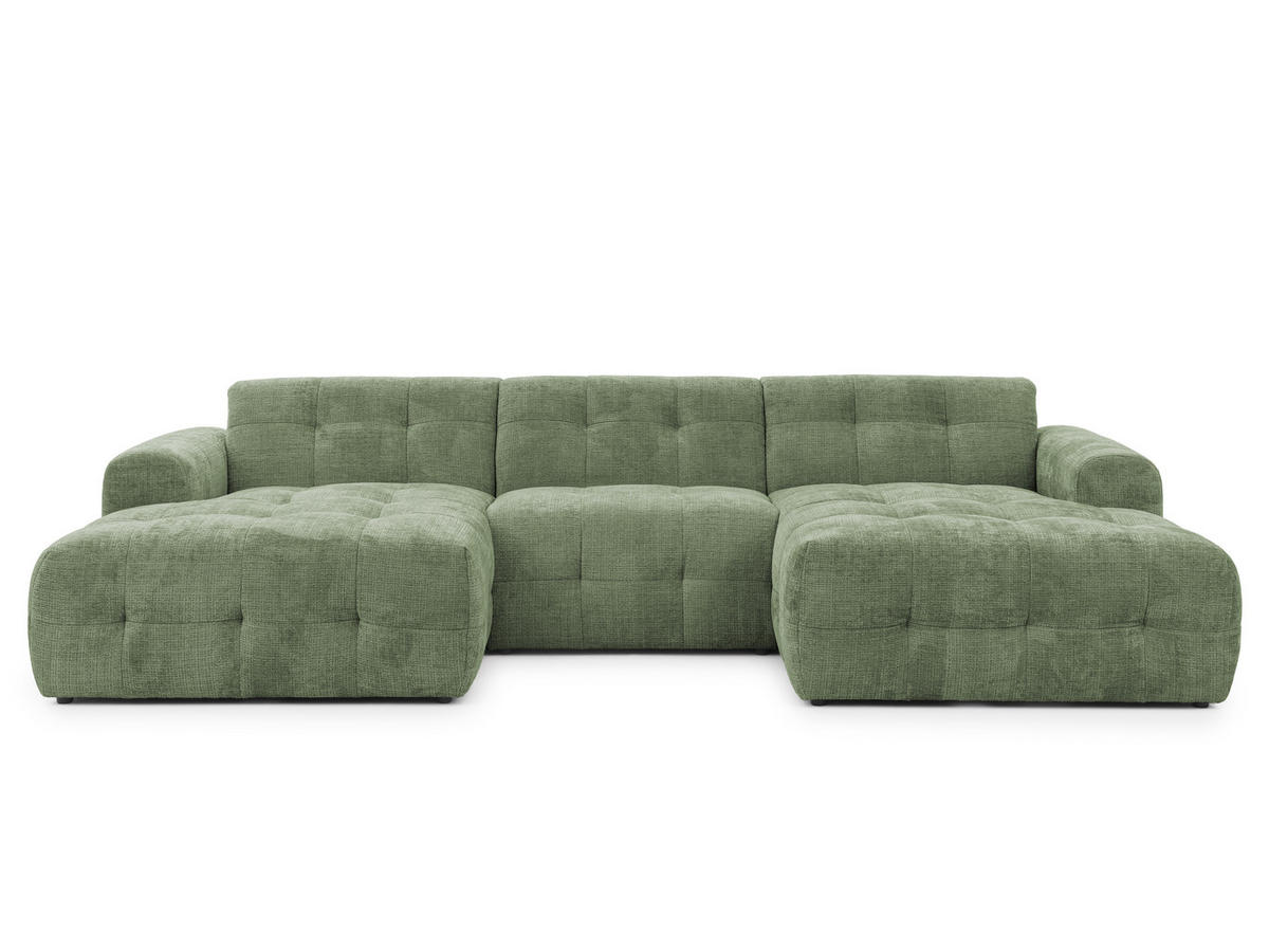 WOHNLANDSCHAFT Kozy im Bumpy-Design mit fester Rückenlehne aus weichem Grün Chenille-Stoff - Schwarz/Grün, Holz/Kunststoff (323/79/161cm) - S-Style Möbel