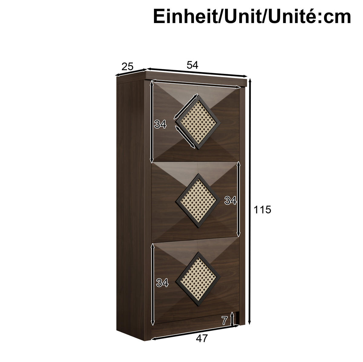 SCHUHSCHRANK 54/25/115 cm mit 3 Klappfächern und Rattan-Dekor aus Spanplatte, Dunkelbraun in Holzoptik - Naturfarben, Holzwerkstoff (54/115/25cm) - Redom