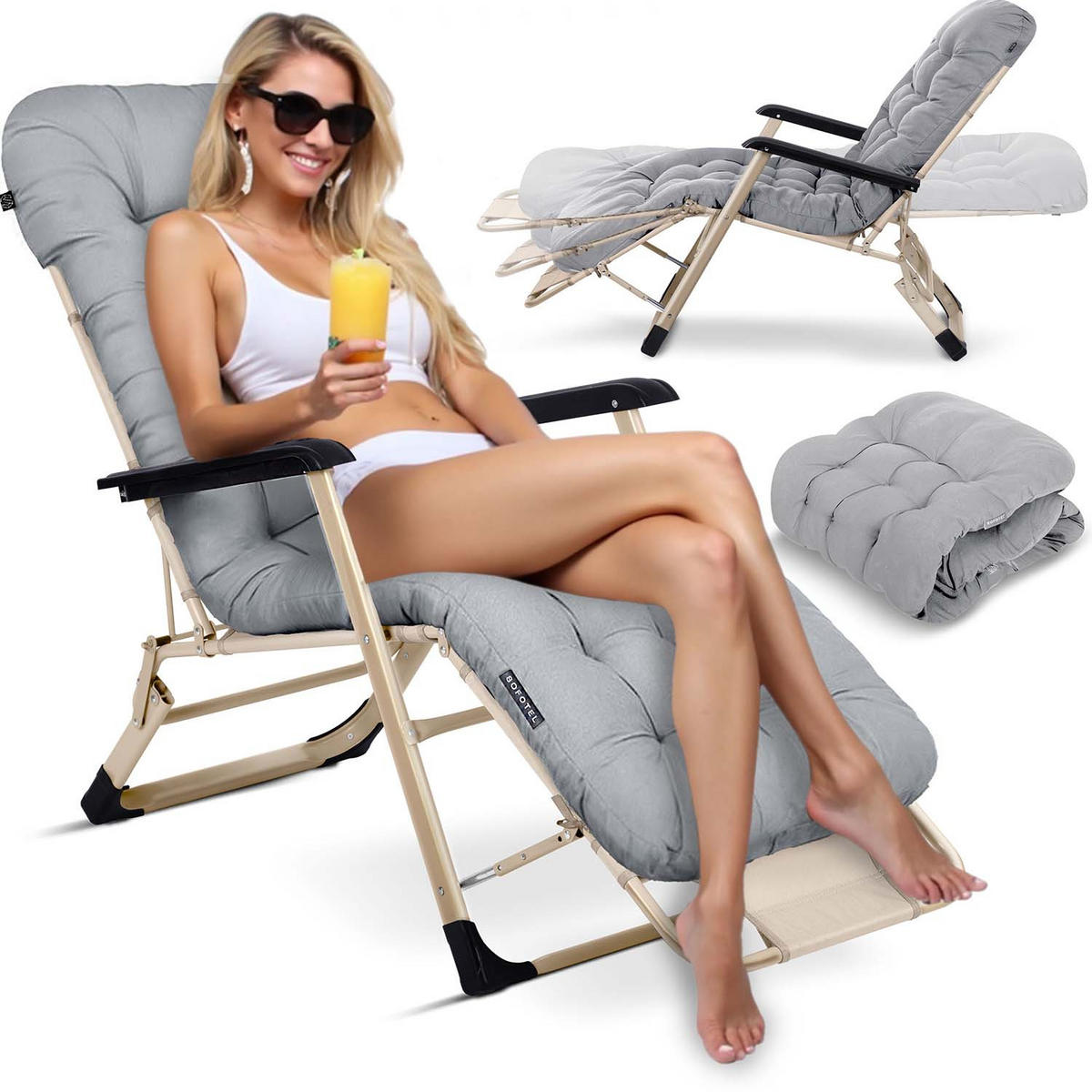 GARTEN-RELAXSESSEL Klappbarer mit Kissen, Hellgrau - Hellgrau, Metall (60/102/110cm)