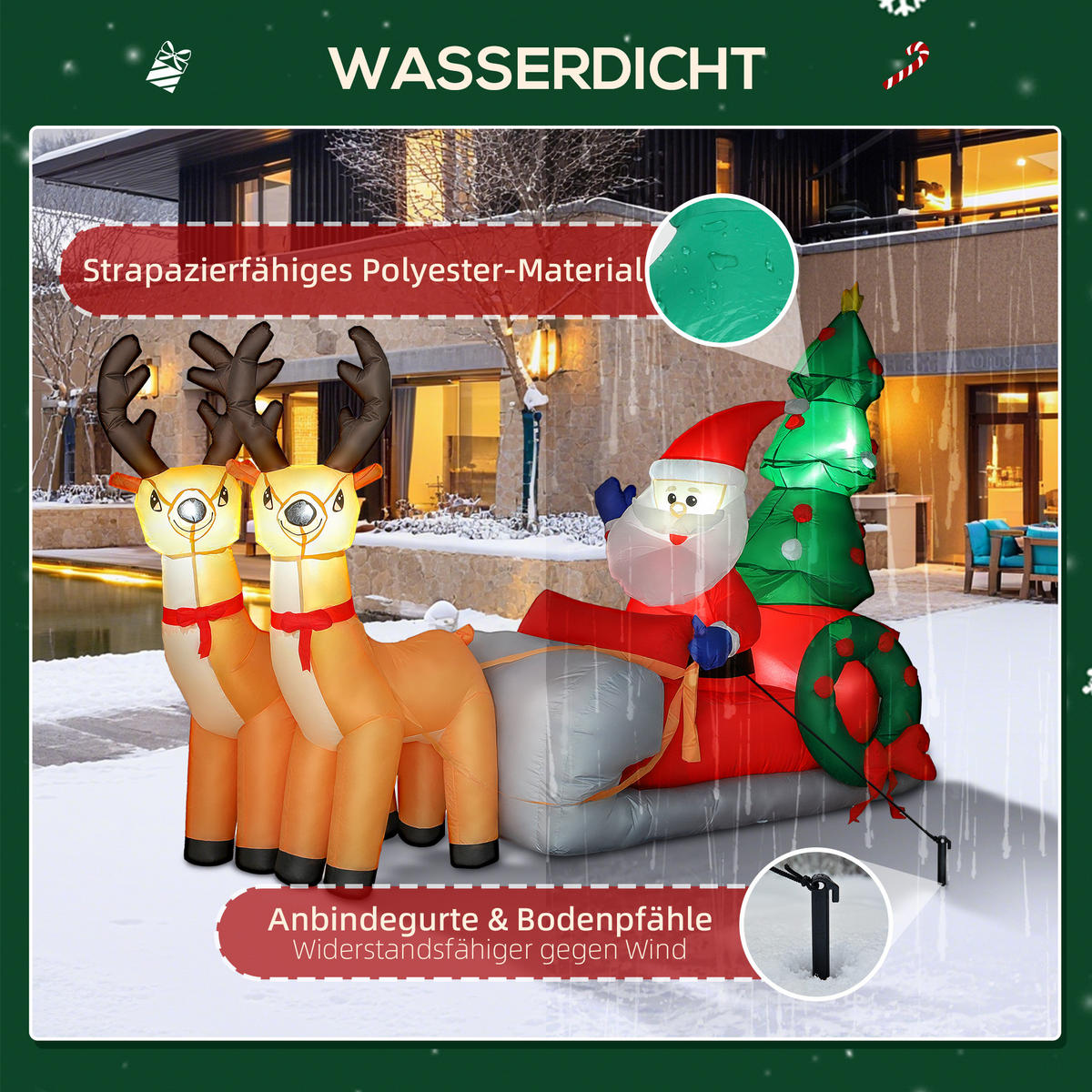 AUFBLASBARER Weihnachtsmann mit Rentieren und Schlitten Multicolor 216.0/90.0/150.0cm - Multicolor, Textil (90/150/216cm)
