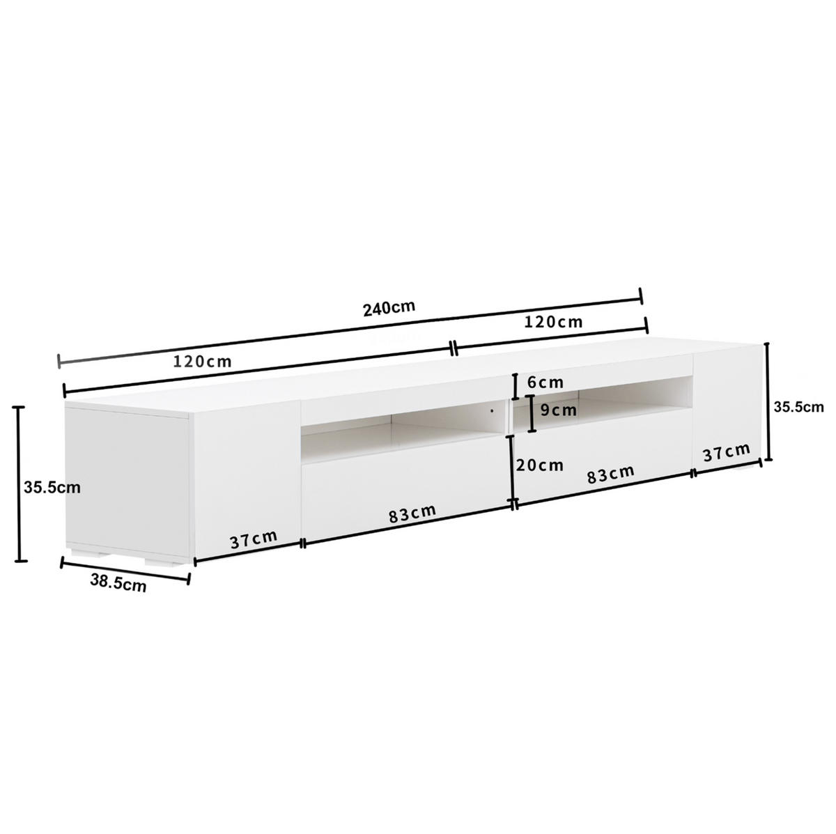 LOWBOARD in Weiß mit hellem Panel und LED-Beleuchtung für Wohnzimmer, B240/T38.5/H35.5 cm - Weiß, Holzwerkstoff/Metall (240/35/39cm) - STILVORA