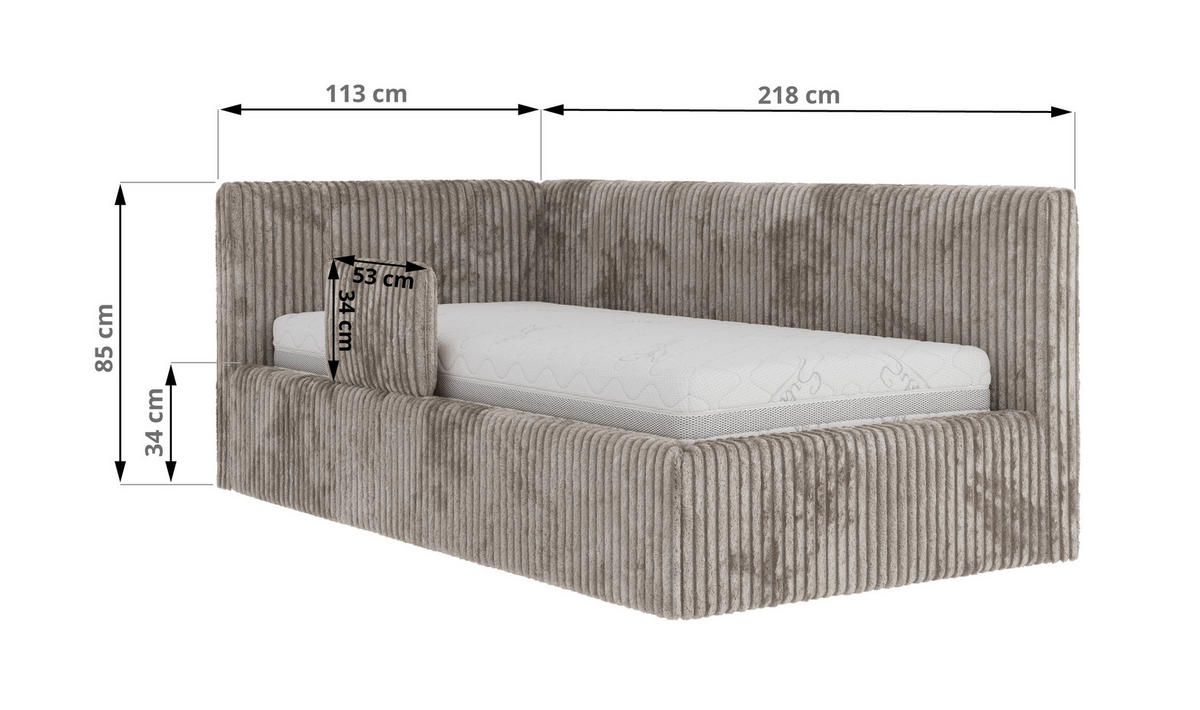 POLSTERBETT TILVO ALTA 90/200 - Hellbraun Cord - Ohne Matratze - Rechts - Hellbraun, Textil (200/90cm) - MKS