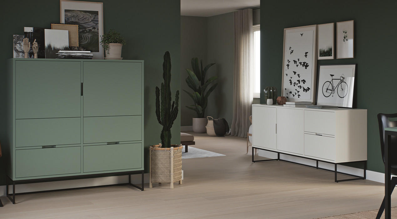 Wohnzimmer "Lipp" besteht aus Kommode in Dunkelgrün und Lowboard in weiß (matt)