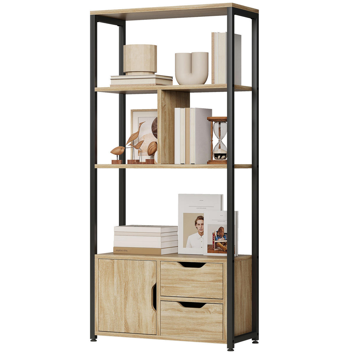 REGAL DE-15558 58/24/122 cm, 3 Ablagen und 2 Schubladen Naturholz/Schwarz - Naturfarben, Holzwerkstoff (58/122/24cm) - ComfortXL