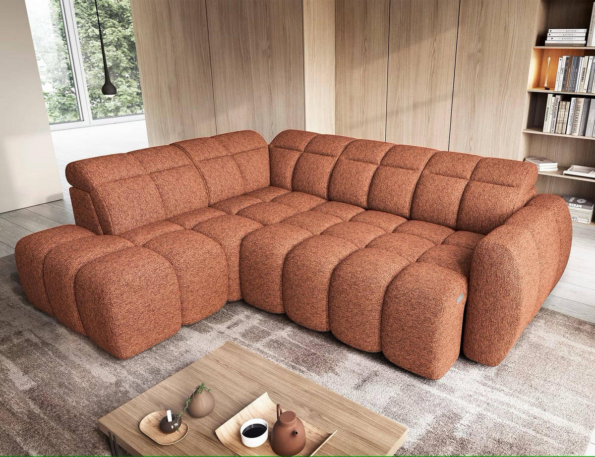 ECKSOFA mit elektrischem Sitzvorschub, Bettkasten und verstellbare Kopflehnen - Orange, Naturmaterialien/Textil (258/208cm) - Eltap