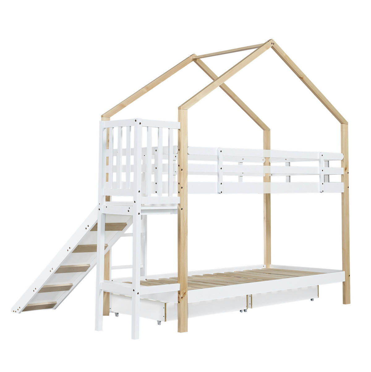 ETAGENBETT aus Kiefer und MDF 90x200 cm Weiß/Natur mit Rutsche, Leiter, 2 Schubladen und Hausdesign - Weiß, Holzwerkstoff (90/200cm) - Modfu