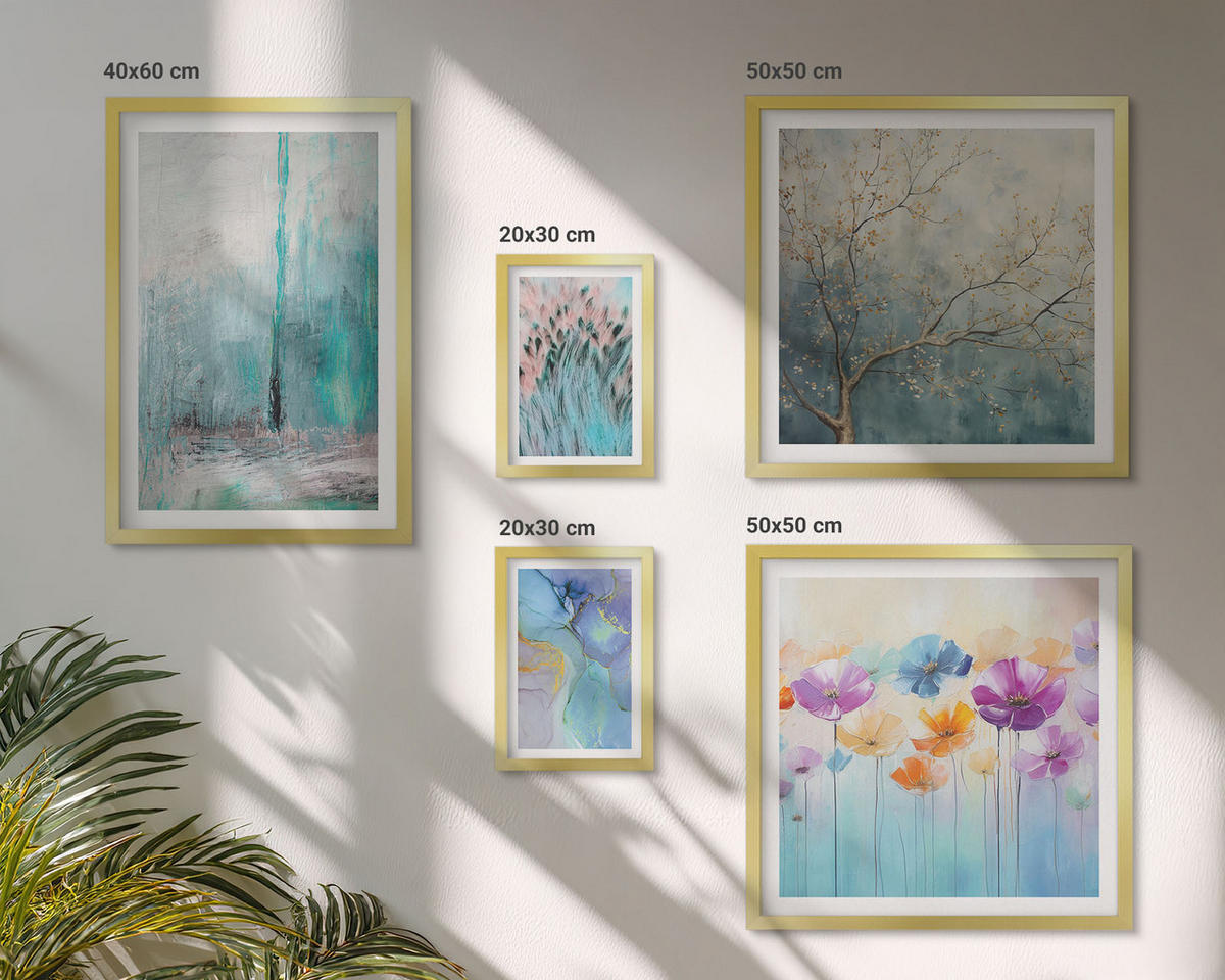 WANDBILDER 5er Set - 50x50 cm & 20x30 cm & 40x60 cm Goldrahmen - Leuchtturm, Landschaft, Mädchen, Pferd - Goldfarben, Kunststoff (40/60cm) - ArtPrintCave