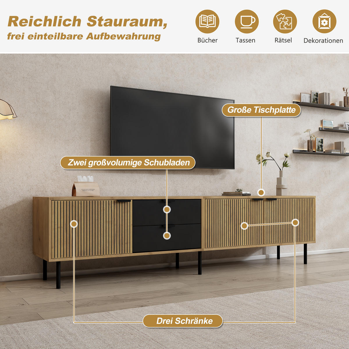 LOWBOARD in Holzoptik TV-Schrank mit Kabelmanagement , für 85-Zoll-Fernseher , B208/T40/H48 cm - Schwarz/Naturfarben, Holzwerkstoff/Metall (208/48/40cm) - STILVORA