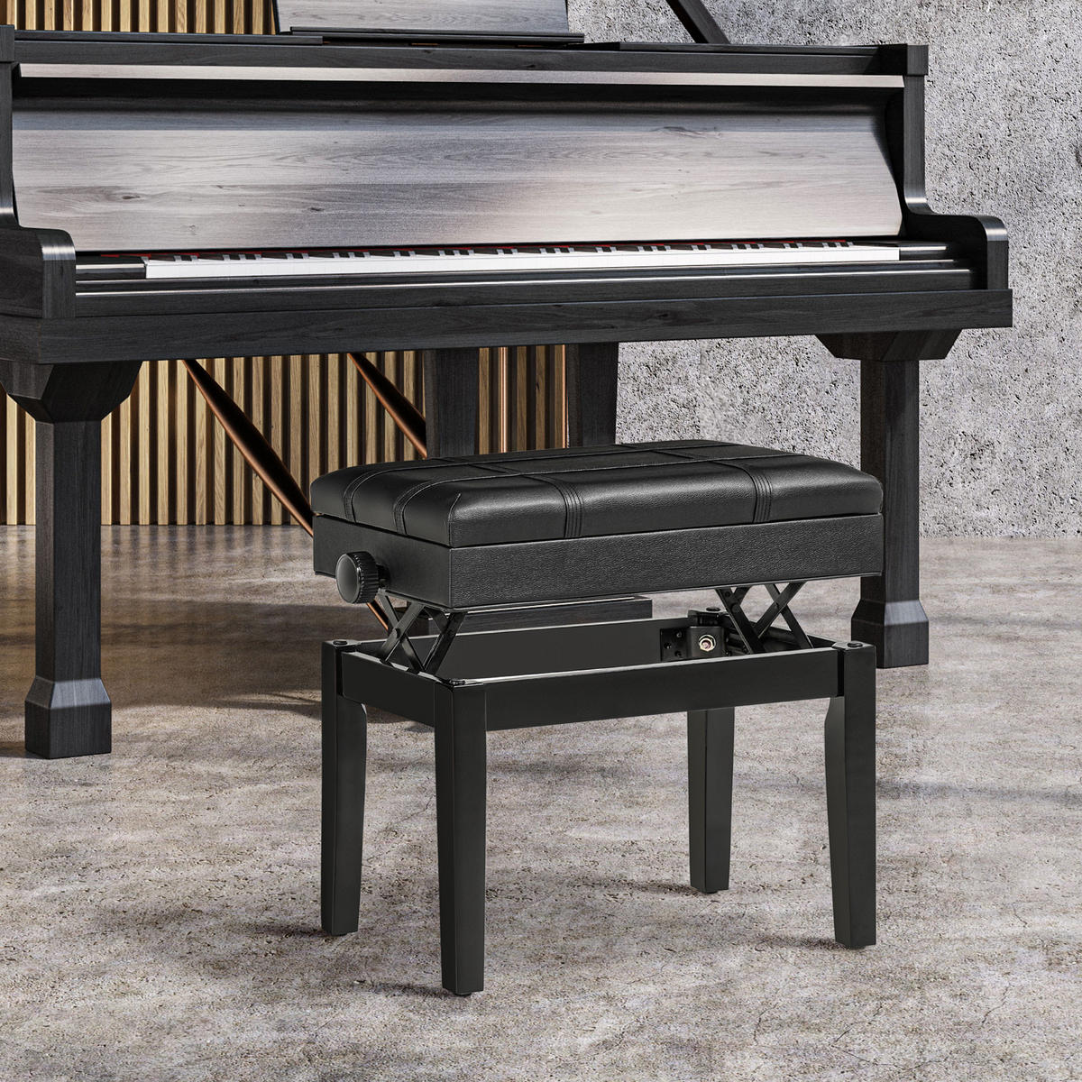 KLAVIERBANK, Klavierhocker, Schwarz - Schwarz, Holz (35/56/63cm) - HOMCOM