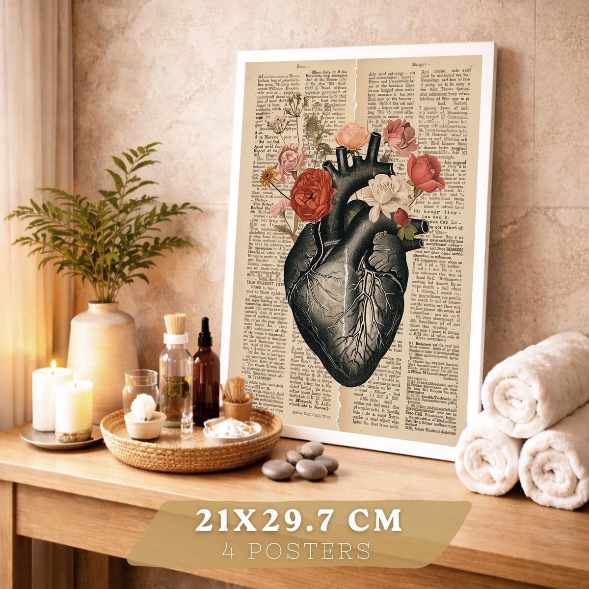 POSTER Set aus 4 Anatomie Drucke und Wandbilder mit Herz Gehirn Skelett und Darm Antiker Hintergrund Wanddekoration Größe Weißer Rahmen A4 - Weiß, Papier (21/29.7/3cm) - Nacnic