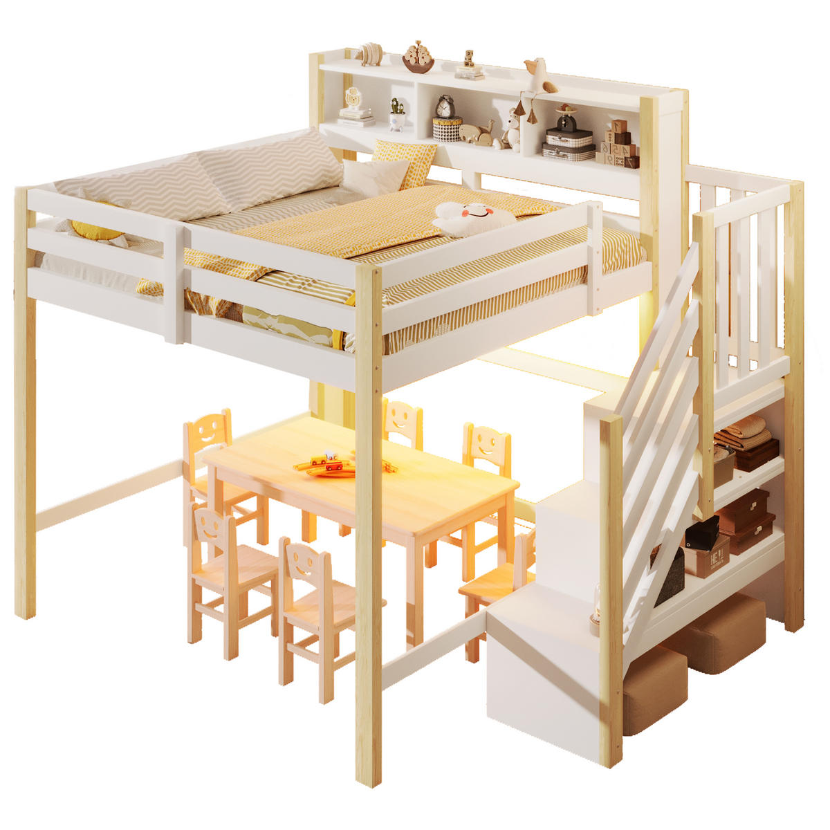 HOCHBETT 140/200 cm in Weiß & Natur mit LED, Stauraum und Ablageleiter - Weiß/Naturfarben, Holz/Holzwerkstoff (140/200cm) - CHICFURN