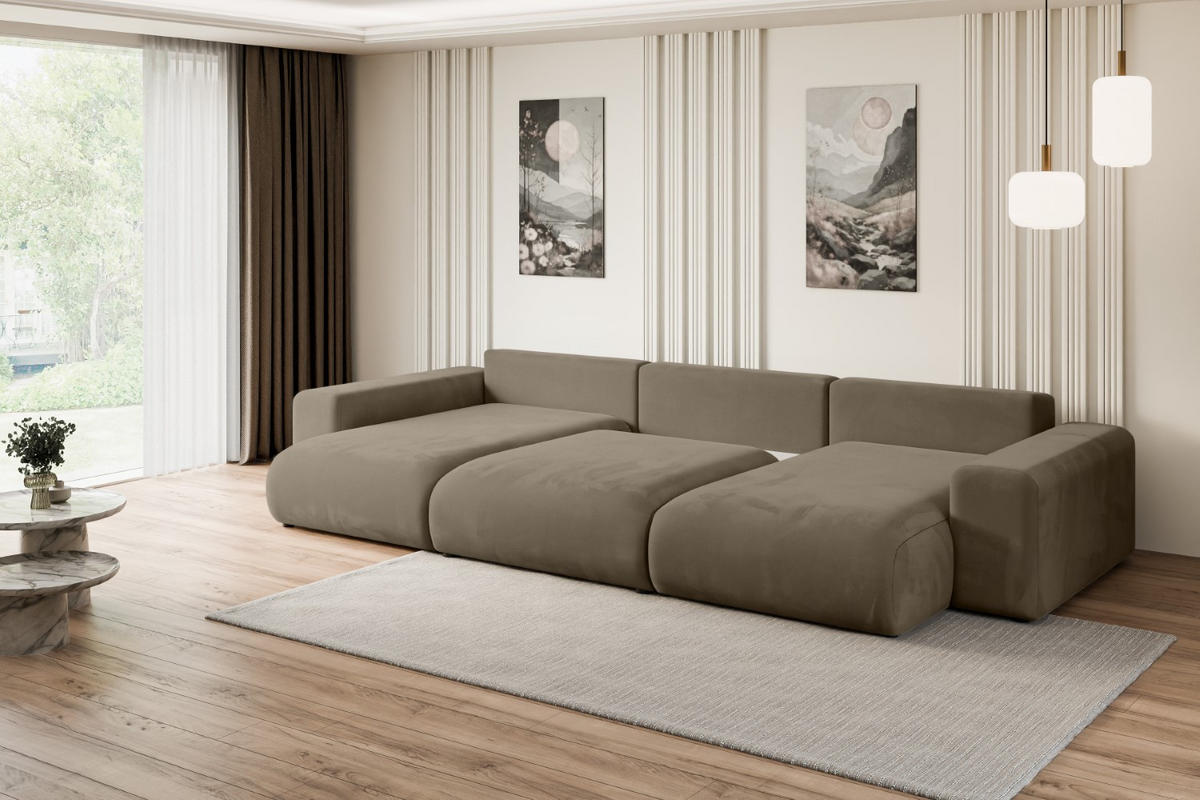 WOHNLANDSCHAFT mit Schlaffunktion und Bettkasten ESKAR-U -352x165x84cm Braun Velours - Schwarz/Braun, Holzwerkstoff/Kunststoff (352/84/165cm) - ALTDECOR