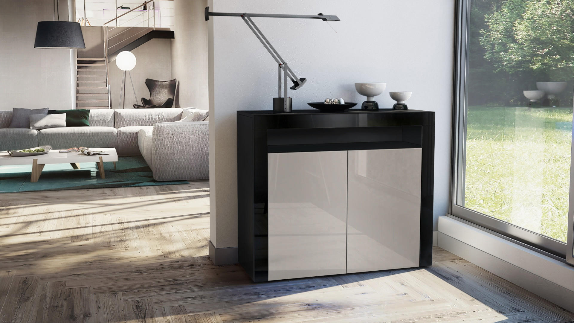 KOMMODE Valencia Sandgrau Hochglanz / Schwarz Hochglanz - Sandfarben/Schwarz Hochglanz, Holzwerkstoff (108/92/40cm) - Vladon