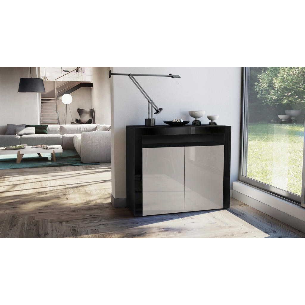 Thumbnail - Vladon Kommode, Sand, Schwarz Hochglanz, Holzwerkstoff, 108x92x40 cm, Wohnzimmer, Kommoden & Sideboards, Kommoden