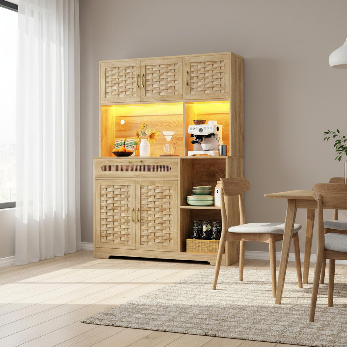 HIGHBOARD Holzoptik Natur mit LED & Geflochtenen Glastüren - Eiche San Remo, Glas/Holzwerkstoff (120/180/40cm) - Urban Meuble