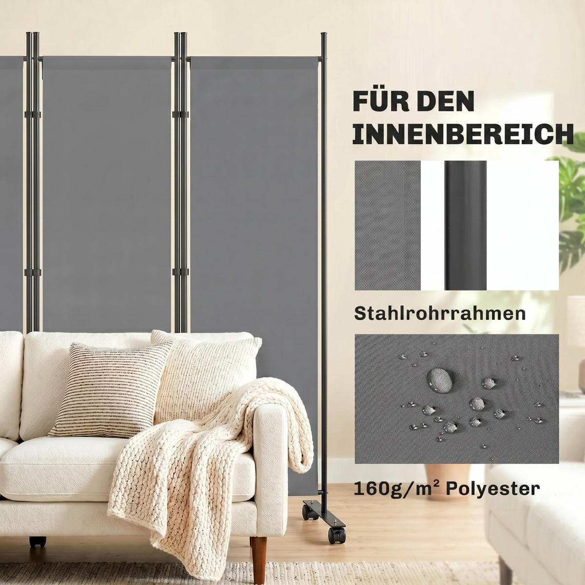 RAUMTEILER,5-TEILIG freistehend klappbar 252x40cm,dunkelgrau - Grau, Metall (252/170cm) - Vallsero