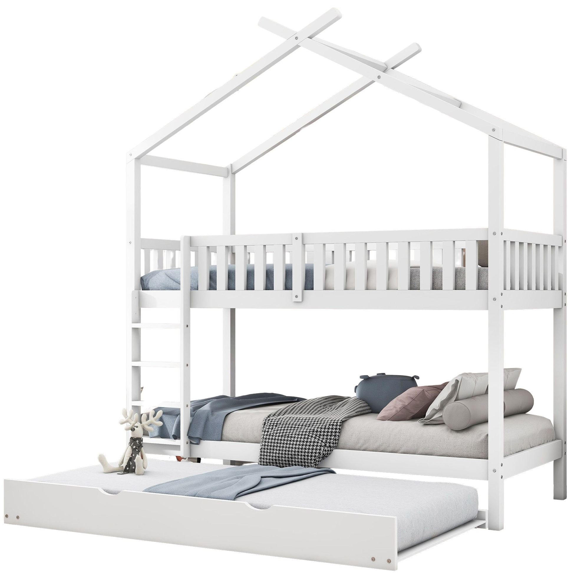 ETAGENBETT aus Kiefernholz 90x200 cm in Weiß mit Ausziehbett - Weiß, Holz (90/200cm) - Modfu