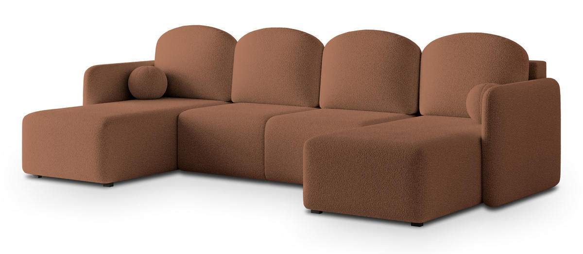 WOHNLANDSCHAFT NUBERO Kupferfarben Boucle-Stoff mit Schlaffunktion - Kupferfarben, Holz (220/85/143cm) - MASSENO
